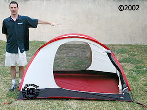 MSR velo , 2 person 3-season tent, model next to tent