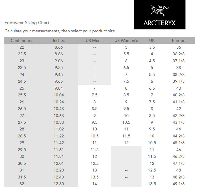 Arcteryx Size Chart Pants