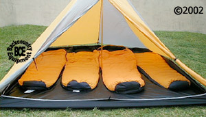 Black Diamond Megamid, front view with four sleeping bags inside