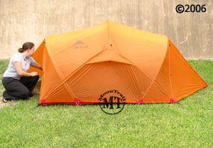 MSR Mutha Hubba 3 person tent: side view with rainfly attached with 5'4
